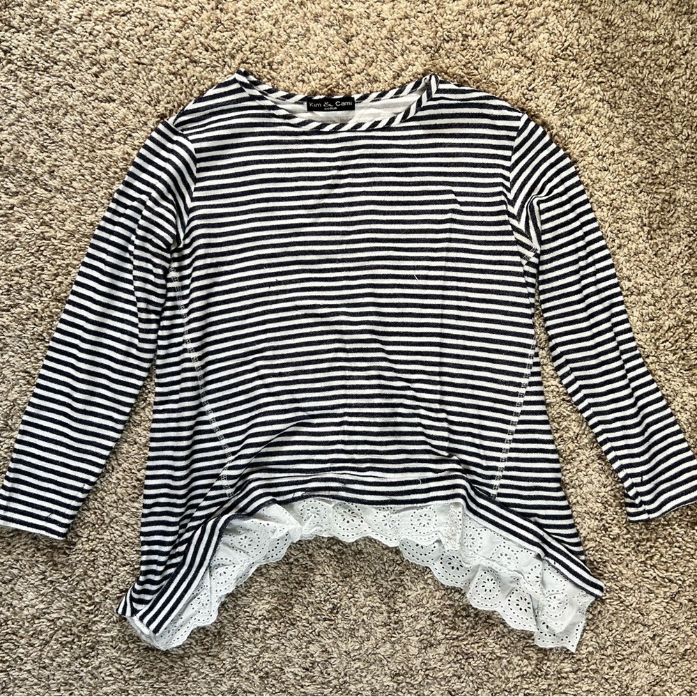 Kim & Cami Black and White Striped Long Sleeve Top with Lace Trim